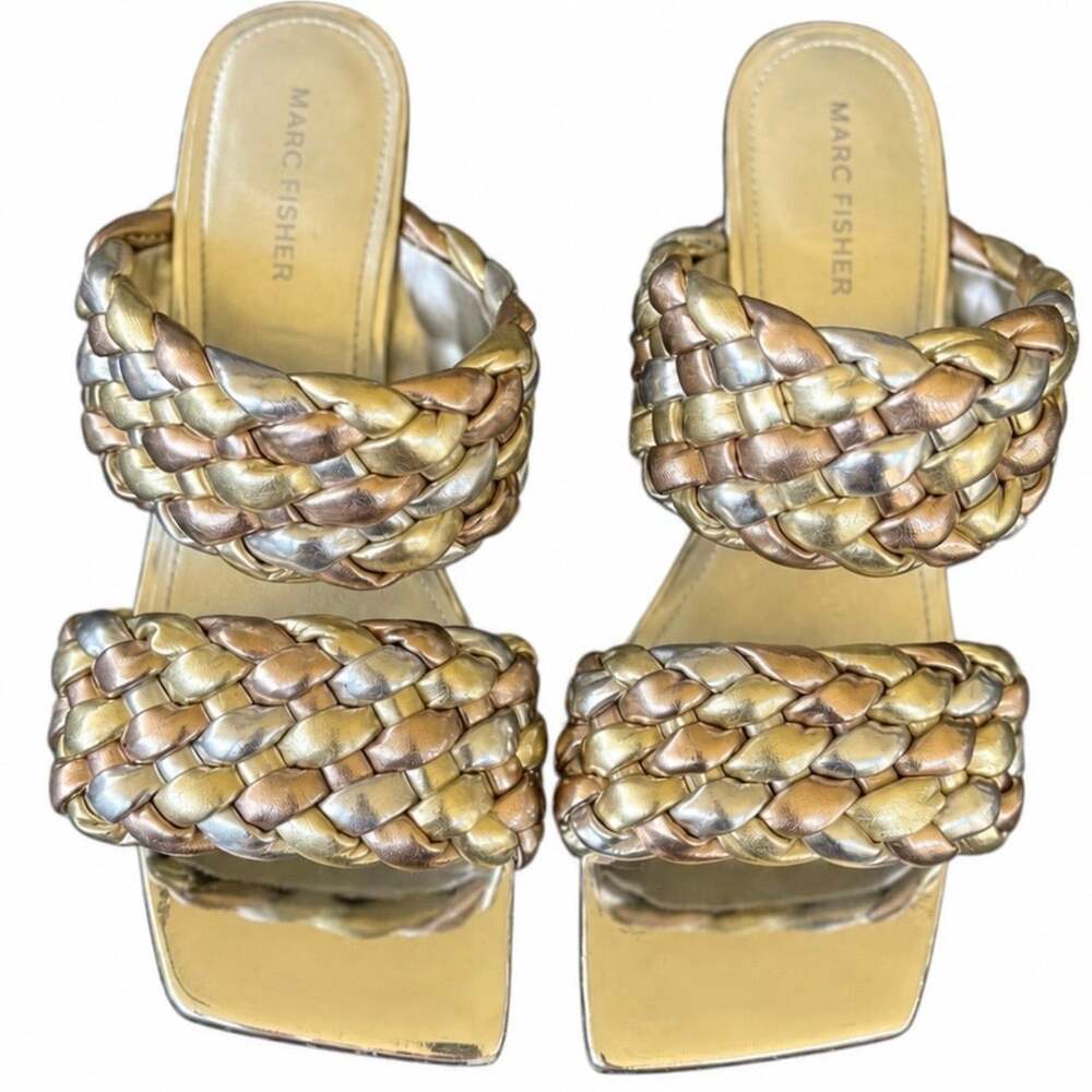 Marc Fisher Women Sandals 9.5M Metallic Gold Silver Braided Square Toe Slip On